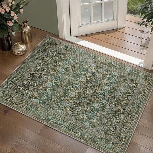 Tangsoo Olive Green 2x3 Entry Rug, Washable Small Area Throw Rugs for Entryway Non Slip,Vintage Rug for Kitchen Bedroom, Soft Low Pile Floor Carpet Front Door Rug Mat Indoor Entrance for Foyer Laundry