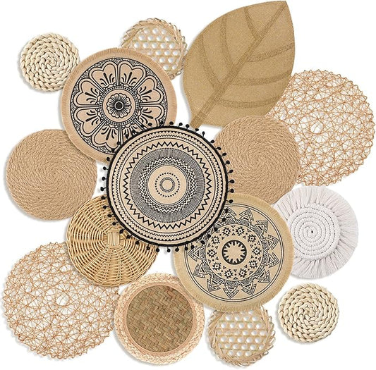 15 Pcs Boho Wall Basket Decor Brown Woven Rattan Seagrass Decor Hanging Rustic Farmhouse Western Wall Art Decoration for Nursery Living Room Bedroom Home Kitchen