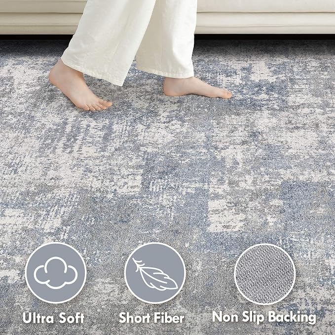 Tortania Washable 10x14 Area Rug for Living Room: Modern Abstract Neutral Large Soft Thin Rugs - Non Slip Indoor Carpet for Bedroom Dining Room Office Nursery Home Floor Decoration - Blue Grey