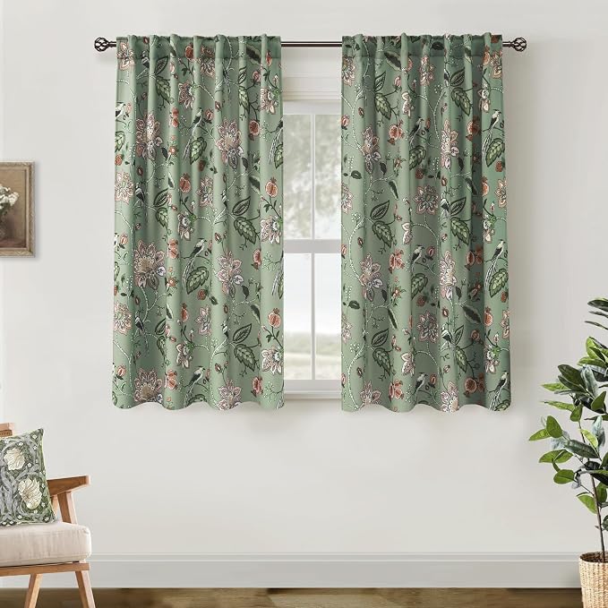 Lino Rosa Short Floral Patterned Blackout Curtains for Bedroom, Decorative Black Out Window Treatments for Bathroom & Kitchen & Small Window, 54 Inch Long, 2 Panels Set, Sage Green
