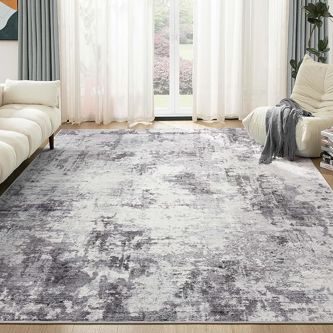Abstract 5x8 Area Rug: Machine Washable Non Slip Ultra Thin Low-Pile Carpet, Soft Stain Resistant for Living Room Bedroom Nursery, Kid Pet Friendly, Robot Vacuum Compatible - Grey
