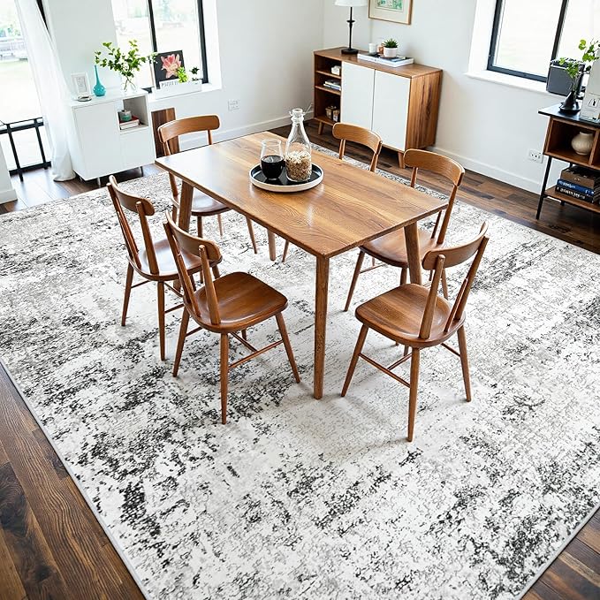 Area Rugs 9x12 Living Room: Large Modern Abstract Washable Rug Soft Indoor Anti Slip Carpet for Under Dining Table Bedroom Nursery Home Office White Grey Black
