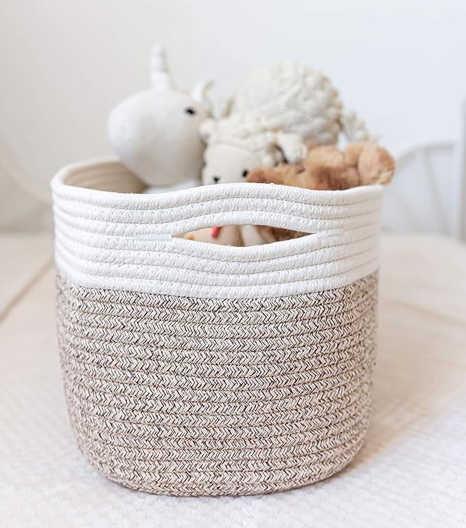 OrganiHaus Cotton Rope Basket for Shelf - Woven Storage Basket for Organizing, Closet & Toy Storage - Brown/Off-White - 15x9x10