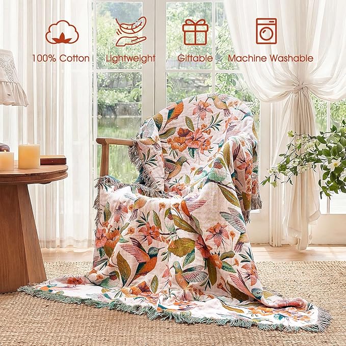 Boho Throw Blanket - 90"x108" 100% Cotton Ultra Soft Lightweight Spring Blanket, 4-Layer Breathable Muslin Blankets for Bed Couch, Reversible Blue Floral Bird Printed Bohemian Cotton Quilt