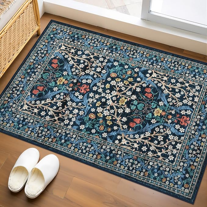 GarveeHome Floral Entryway Rug, 2x3 Washable Front Door Entry Throw Rugs Indoor, Non Slip Bathroom Small Rugs, Boho Thin Rug for Kitchen, Soft Carpet Mat for Bedroom Bathroom, Dark Blue
