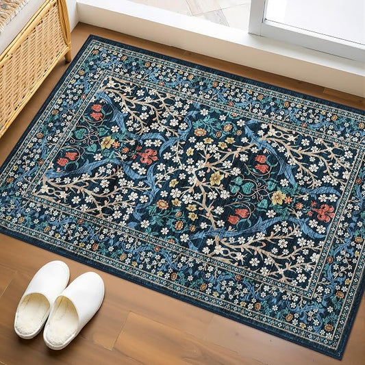 GarveeHome Floral Entryway Rug, 2x3 Washable Front Door Entry Throw Rugs Indoor, Non Slip Bathroom Small Rugs, Boho Thin Rug for Kitchen, Soft Carpet Mat for Bedroom Bathroom, Dark Blue