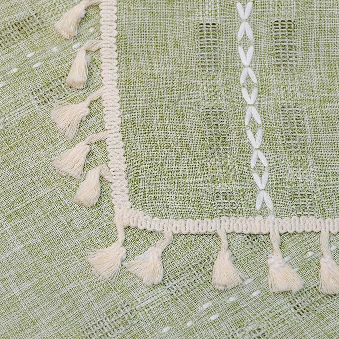 Deeprove Sage Green Boho Curtain 96 inches Length for Living Room Bedroom Nursery Doorway, Sheer Bohemian 96 inches Long Stripe Embroidery Privacy Window Fringe Christmas Decor W52 x L96, 1 Panel