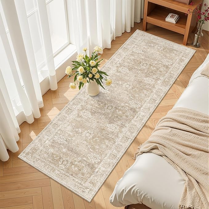 Madane Washable Runner Rug 2x5 with Non-Slip Rubber Backing, Vintage Kitchen Hallway Rug Soft Low Pile Throw Carpet Runner for Entryway Laundry Bathroom Bedroom Living Room (2 x 5, Beige/Brown)