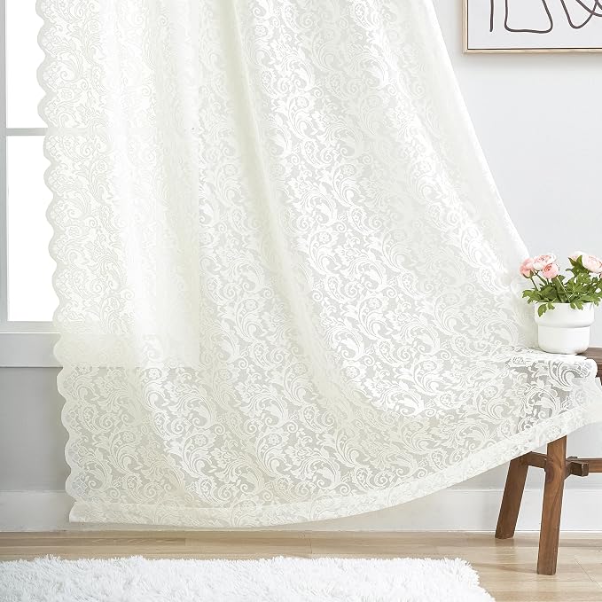 ALIGOGO Ivory Kitchen Curtains 45 Inch Length Rustic Country Floral Lace Cafe Curtains for Small Window Embroidered Privacy Scalloped Crochet Rod Pocket, 52 x 45 Inch, 2 Panels