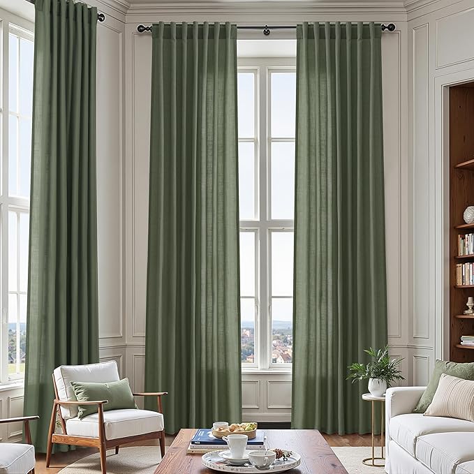Nanspring 70 Inches Wide Olive Green Linen Curtains for Living Room 2 Panels Set 90 Inch Length Back Tab Light Filtering and Breathability Semi Sheer Curtain for Bedroom 70x90