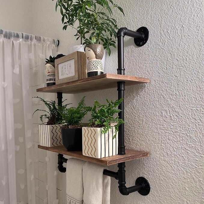 Industrial Pipe Shelving Bathroom Pipe Shelves with Towel Bar Over Toilet | 24 inch Pine Wood Floating Shelves for Wall Mounted Bedroom,Kitchen, Farmhouse, Living Room