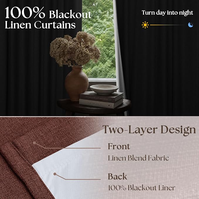 Chestnut Brown 96 Inch Blackout Pinch Pleated Curtains 2 Panel Set for Living Room Darkening Thick Linen Textured 100% Black Out Drapes 96 Inches Long Pinch Pleat Light Blocking Bedroom Rust Maroon