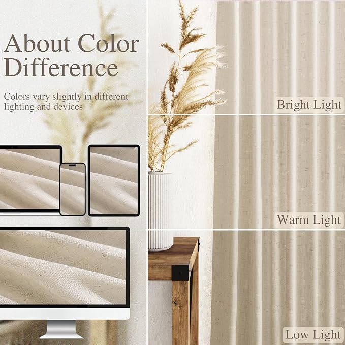 Linen Curtains for Living Room 80 Inches Long Modern Farmhouse Decor Light Filtering Semi Sheer Curtain Back Tab Neutral Luxury Rustic Burlap Coastal Drapes for Bedroom Office 52x80, 2 Panels