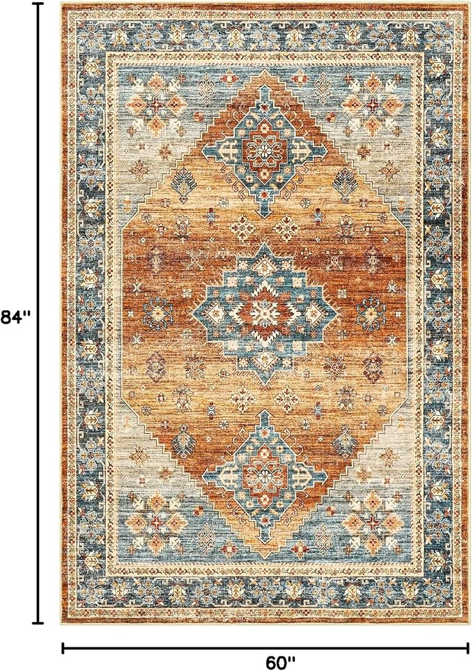 Roxstand Area Rugs 5x7, Low Pile Non-Slip Backing Rugs, Super-Soft Home Decor Washable Rugs 5x7 Under Table, Foldable Floral Vintage Area Rug for Living Room (Navy/Orange, 5'x7')