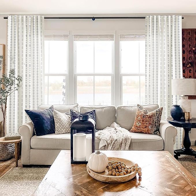 Sheer Linen Boho Patterned Curtains 50x63 Inches Long for Living Room 2 Panel Sets,Cream and Navy