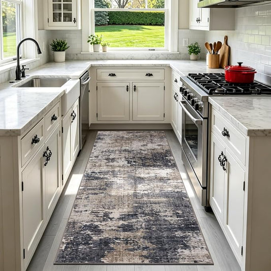 Sasttie 2x6 Soft Runner Rug for Entryway, Modern Abstract Washable Carpet for Hallway, Kitchen and Laundry Room, with Non-Slip Backing, Black and Beige