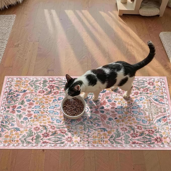 2x4 Washable Runner Rug Kitchen Hallway Area Rug Vintage Boho Floral Ultra Non-Slip Low Pile Soft Faux Wool Carpet Kids and Pets Friendly for Bathroom Bedroom Entryway Nursery Home Rug Pink