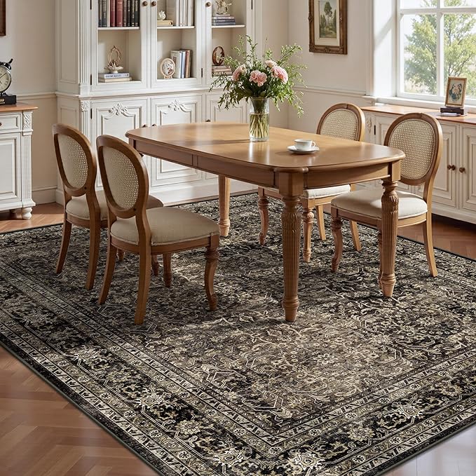 8x10 Area Rugs for Living Room - Washable Vintage Retro Large Rug, Soft Ultra Thin Non Slip Low Pile Traditional Distressed Boho Carpet for Bedroom Dining Room Home Office, Brown