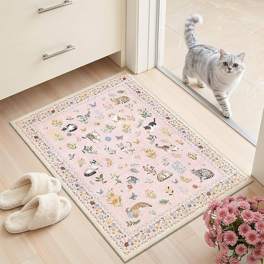 Soalmost 2x3 Cat Rugs for Entryway, Machine Washable Door Mat Animal Floral Small Area Rug Non-Slip Low Pile Soft Throw Rugs for Entrance Kitchen Indoor Front Door Kids Room (2 x 3,Pink)