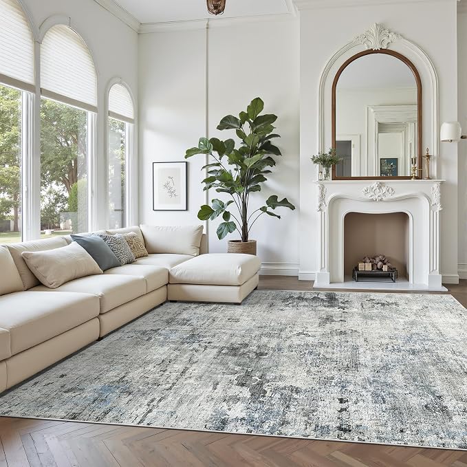 Soalmost Abstract Rug 8x10 Large Living Room Rugs Neutral Modern Washable Area Rugs for Bedroom Dining Room Non-Slip Stain Resistant Foldable Thin Rug Gray Blue