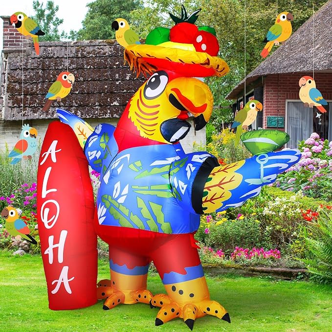 Leyndo 6.56x7.55ft Inflatable Parrot Decorations Tiki Inflatable Flying Parrot with LED Lights Aloha Jungle Animals Luau Hawaiian Tropical Party Decorations for Indoor Outdoor Birthday Beach