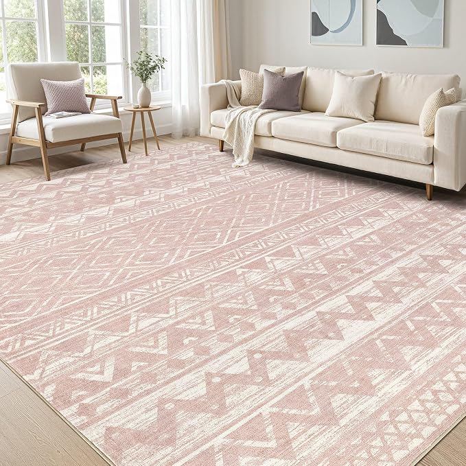 cotiled 9x12 Area Rugs Living Room Rug: Washable Boho Rugs with Non Slip Backing Large Soft Indoor Stain Resistant Carpet for Bedroom Farmhouse Dining Room Lightweight Home Decor Lotus Pink