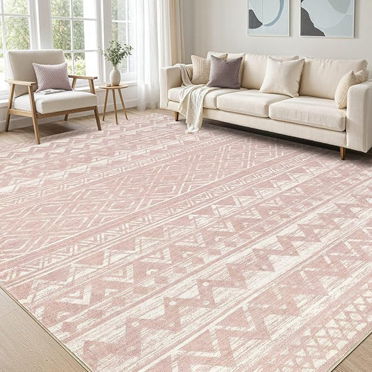cotiled 9x12 Area Rugs Living Room Rug: Washable Boho Rugs with Non Slip Backing Large Soft Indoor Stain Resistant Carpet for Bedroom Farmhouse Dining Room Lightweight Home Decor Lotus Pink