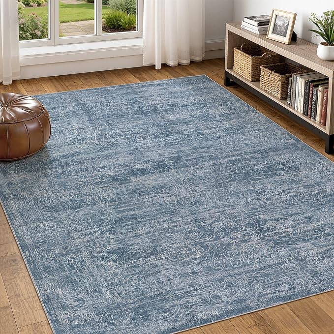 DMOYEST Area Rug Living Room Rugs - 5x7 Large Soft Indoor Neutral Modern Abstract Low Pile Washable Rug Carpet for Bedroom Dining Room Farmhouse Home Office - Dark Blue