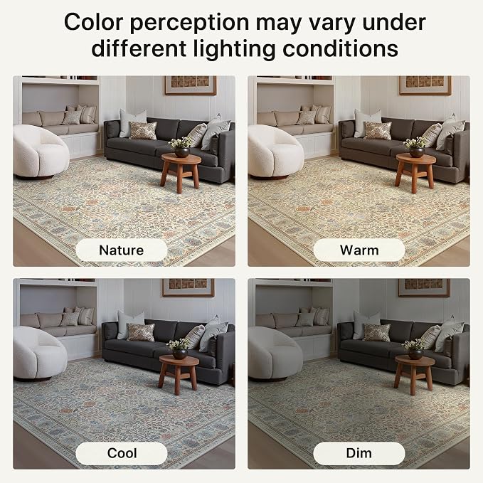 Bavni Washable Rugs 8x10 Machine Washable Rug Lightweight Low Pile, Vintage Floral Rug Non-Shedding Distressed Throw Carpet for Living Room Bedroom Office, Earth Yellow