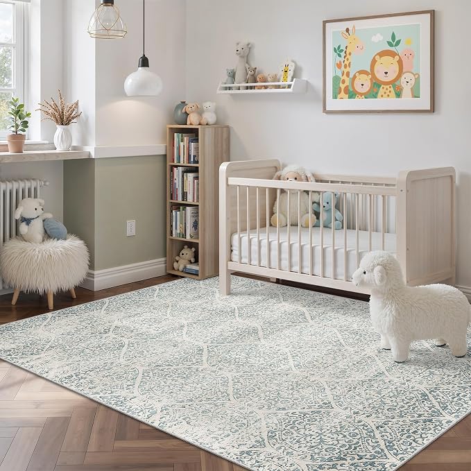 Soalmost 3x5 Area Rugs for Entryway, Washable Moroccan Trellis Soft Rug | Low Pile Non-Slip Throw Area Rugs, Accent Rug Indoor Mat for Bedside Living Room Kitchen Bedroom Teal Blue