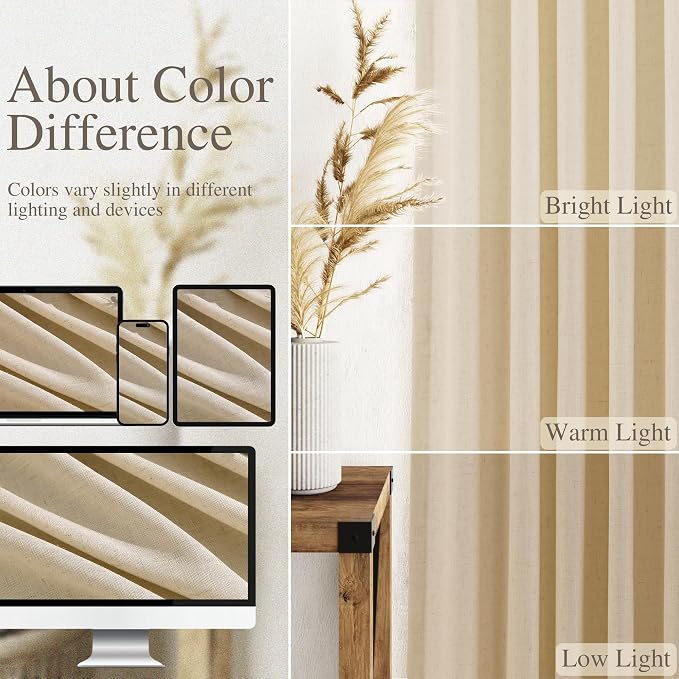 Nanspring Tan Semi Sheer Curtains 72 Inches Long for Bedroom Back Tab Rod Pocket Light Filtering Privacy Drapes Cotton Linen Textured Farmhouse Living Room Curtain 52X72 Inches,2 Panels