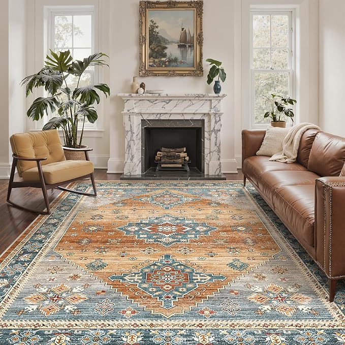 Roxstand 6x9 Area Rug for Living Room, Washable Vintage Thin Rugs with Non-Slip Backing Indoor Floor Carpet, Stain Resistant Area Rugs for Bedroom Dining Room (Navy/Orange, 6'x9')