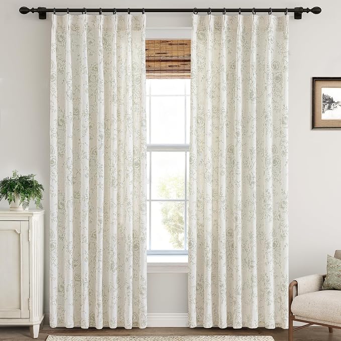Pinch Pleated Floral Linen Curtains 84 inch Long Green and Cream Memory Trained Curtain Light Filtering Living Room Farmhouse Flower Pattern Printed Pinch Pleat Drapes with Hooks 2 Panels 40“W x 84"L