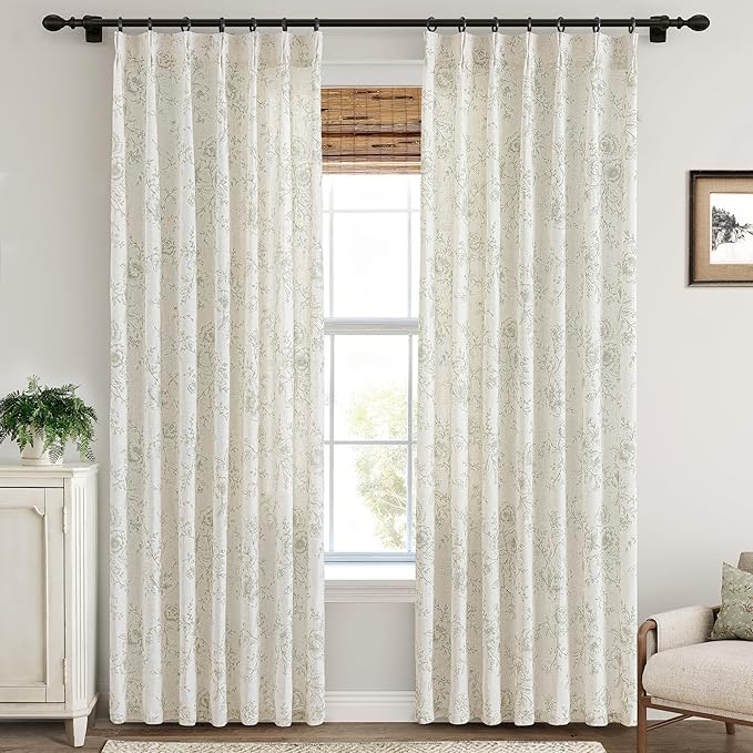 Pinch Pleat Floral Linen Curtains 108 inch Long Green and Cream Memory Trained Curtain Light Filtering Living Room Farmhouse Flower Pattern Printed Pleated Drapes with Hooks 2 Panels 40“W x 108"L