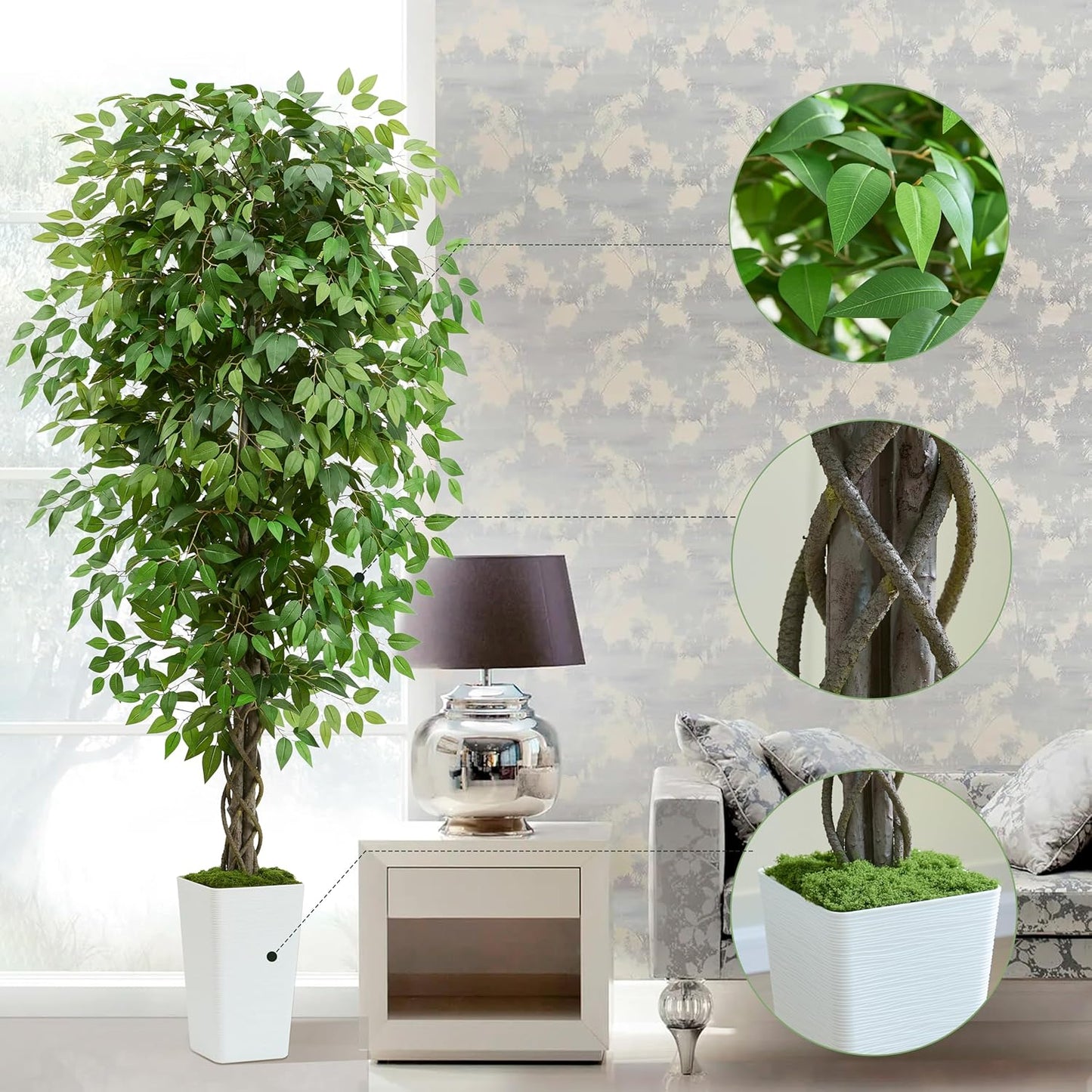Artificial Ficus Tree 6FT Faux Plants Indoor Tall Fake Plants with White Planter, Green Lifelike Lush Fake Ficus Tree for Home Living Room Bedroom Outdoor Balcony House Office Decor