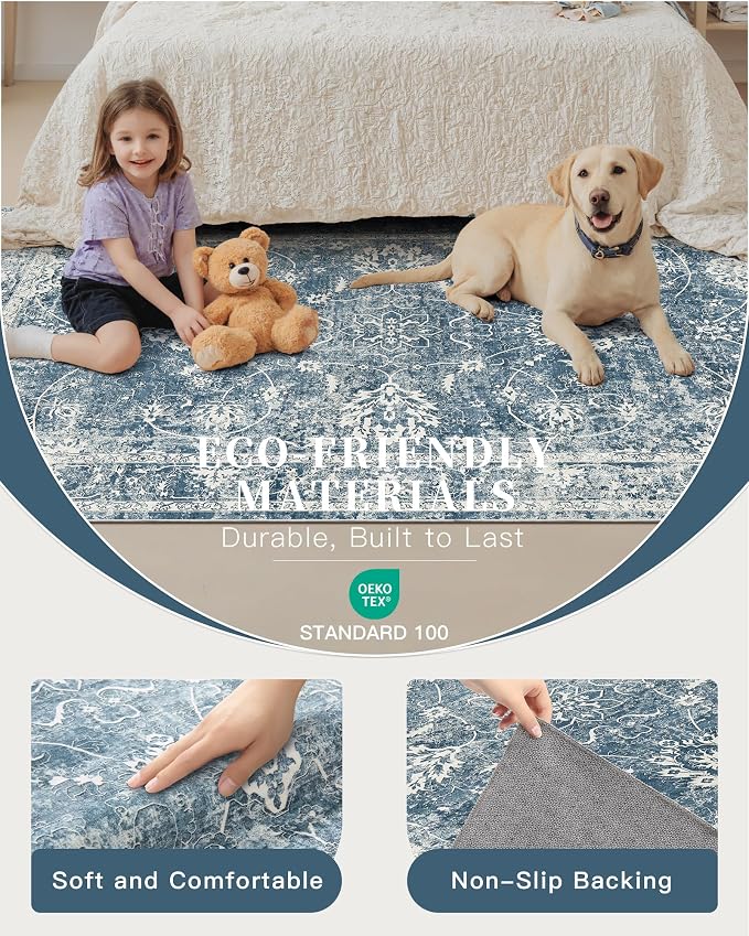 Madane Washable 6x9 Area Rugs for Living Room, Vintage Rug with Non-Slip Backing, Soft Stain Resistant Throw Rugs Thin Carpet for Bedroom Dining Room Farmhouse (6 x 9, Blue)