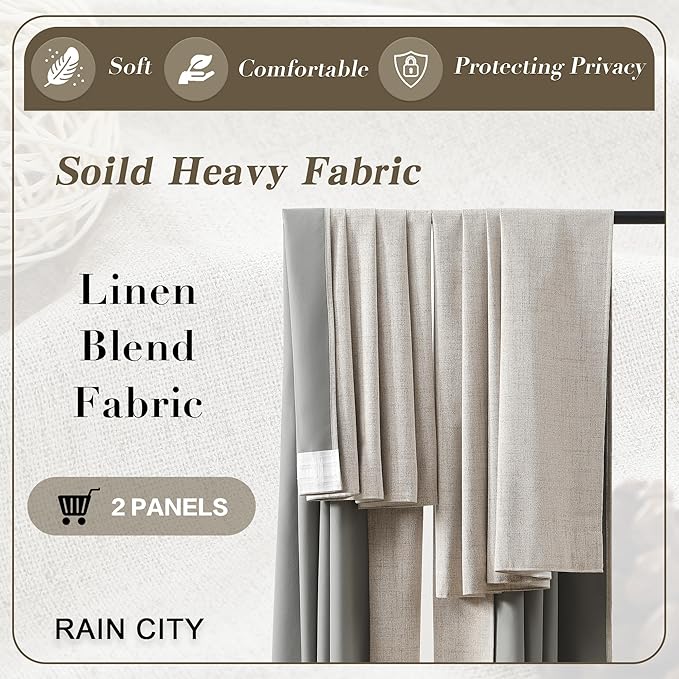 RAIN CITY Extra Wide Curtains 90 Inch Long 2 Panels,Total 140 in Wide Boho Noise Reduction Window Burlap Track System Curtain Panels for Country Villa Back Tab Pleat Tape with Hooks,Linen Beige 70x90