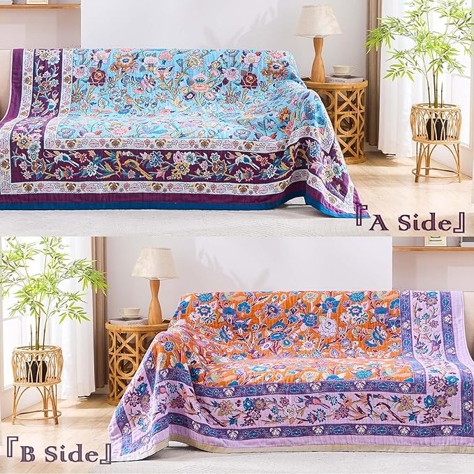 XIBLC Fall Blanket for Bed, 100% Cotton Soft Rustic Boho Throw Blanket Quilt, 60"x80" Farmhouse Decor Bed Flower Blankets, Light Weight Reversible Bohemian Throw Quilt