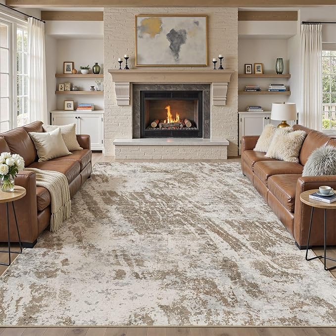 DMOYEST 9x12 Washable Area Rug: Abstract Modern Non-Slip Carpet, Soft Low Pile Indoor Neutral Easy Clean Floor Rugs for Living Room Bedroom Dining Room Kids & Pets - Brown