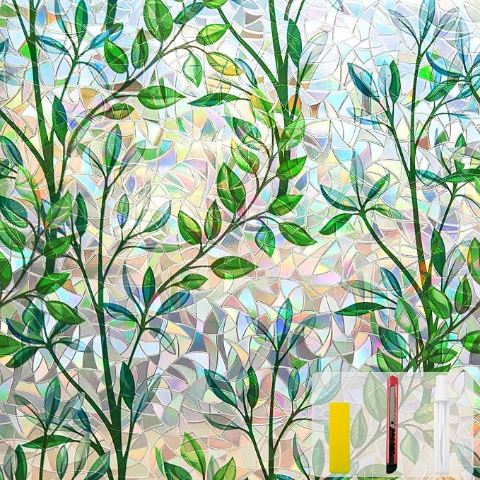 Window Privacy Film Stain Glass Window Film Rainbow Window Film Window clings Non-Adhesive Reusable Decorative for Room (Leaf Rainbow, 23.6 X 78.7 in)