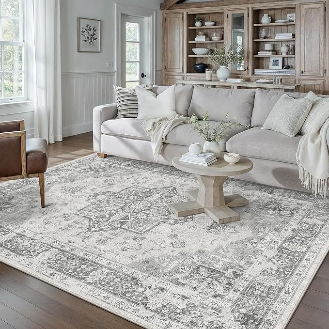 PureCozy Gray 5x7 Area Rug Washable Vintage Living Room Carpet Non Slip Retro Distressed Low Pile Soft Oriental Medallion Thin Grey Throw Rug for Kitchen Bathroom Office Bedroom Dining Room