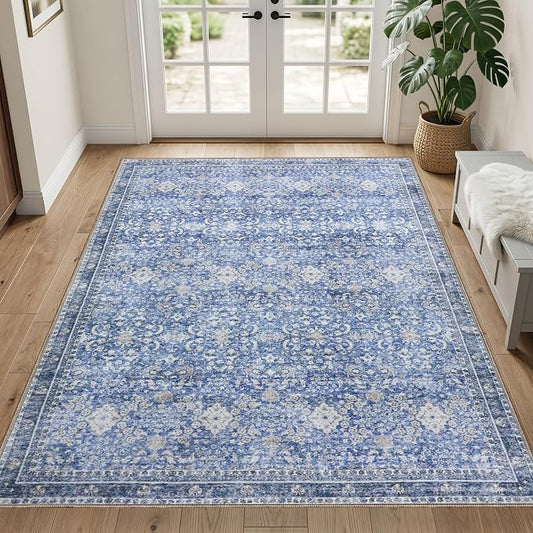 Sasttie 3x5 Rug, Ultra-Soft Washable Rug, Low Pile Foldable Thin Carpets with Non-Slip Backing, Skin-Friendly Stain Resistant Carpet for Living Room, Bedroom, Kitchen, Dorm, 3x5, Blue