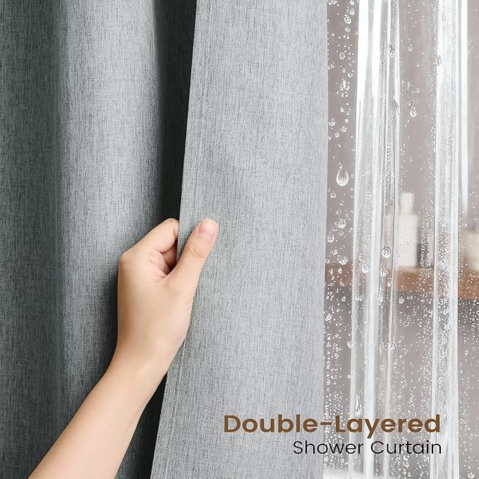 BTTN 3 in 1 Shower Curtain Set - 96 Inch Extra Long Linen Textured Cloth Shower Curtain Liner with Plastic Hook, Modern Hotel Luxury Waterproof Fabric Shower Curtain for Bathroom, Grey/Gray, 72x96