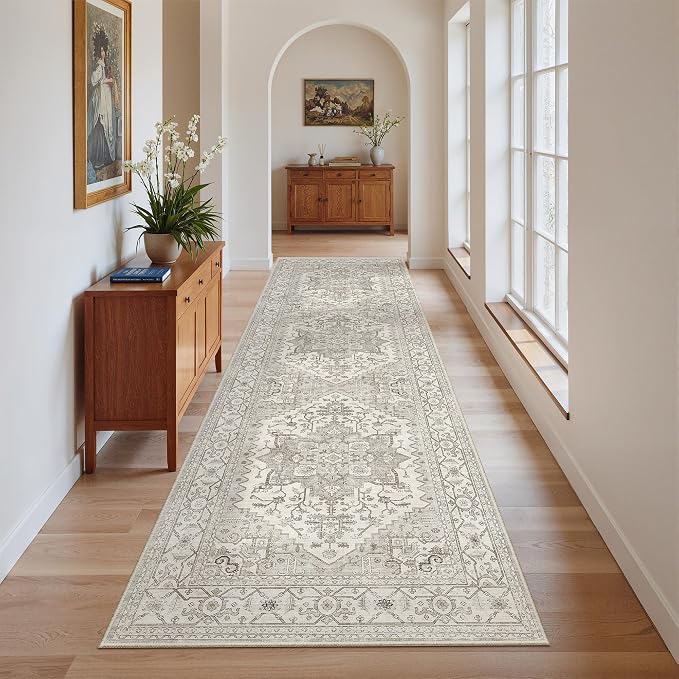 Madane Kitchen Runner 2'6''x8' Soft Rug Runners for Hallways, Beige/Brown | Vintage Machine Washable Rugs 2.5x8 Ft, Non-Slip Low Pile Stain-Resistant 8ft Floor Carpet for Laundry Room, Corridor