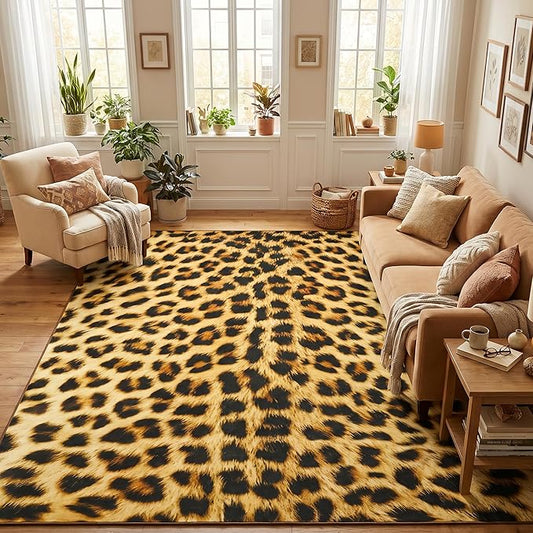 Soft Leopard Rug 5x7 Ft, Animal Print Rugs for Living Room Bedroom, Non-Slip TPR Backing for Hardwood Floors, Machine Washable & Easy to Clean, Pet Friendly Carpet for Kids, Yellow, Black