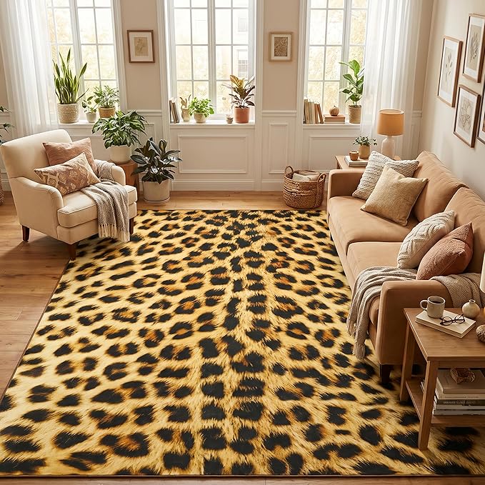Soft Leopard Rug 6x9 Ft, Animal Print Rugs for Living Room Bedroom, Non-Slip TPR Backing for Hardwood Floors, Machine Washable & Easy to Clean, Pet Friendly Carpet for Kids, Yellow, Black
