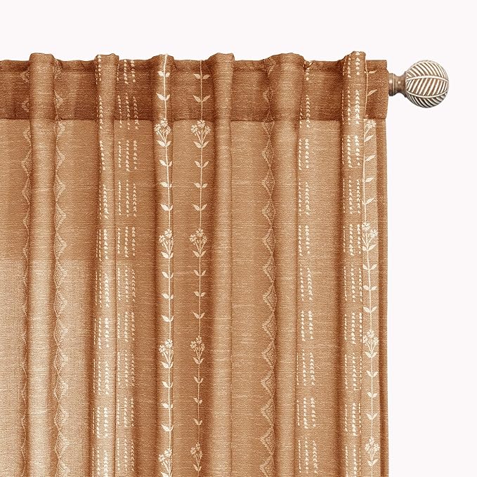 Vintage Bohemian Pattern Curtains 96 Inches Long 2 Panel Set,Sheer Hippie Terracotta and Cream Floral Print Patterned Boho Ceiling to Floor Length Modern Aztec Western Curtains for Living Room Bedroom
