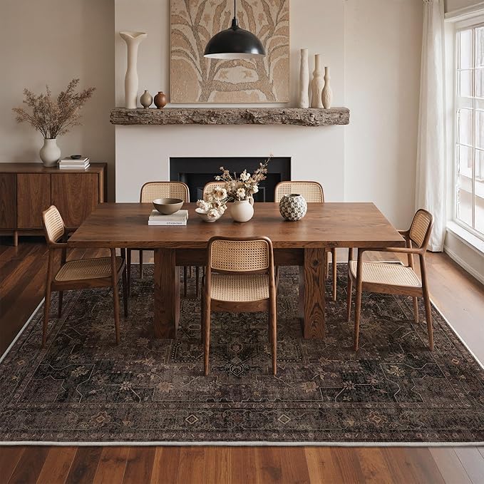 GENIMO 4x6 Area Rugs for Living Room, Machine Washable Rug, Non Slip Indoor Vintage Rug, Low Pile Lightweight Chenille Print Carpet for Bedroom Dining Room Home Office, Charcoal Brown