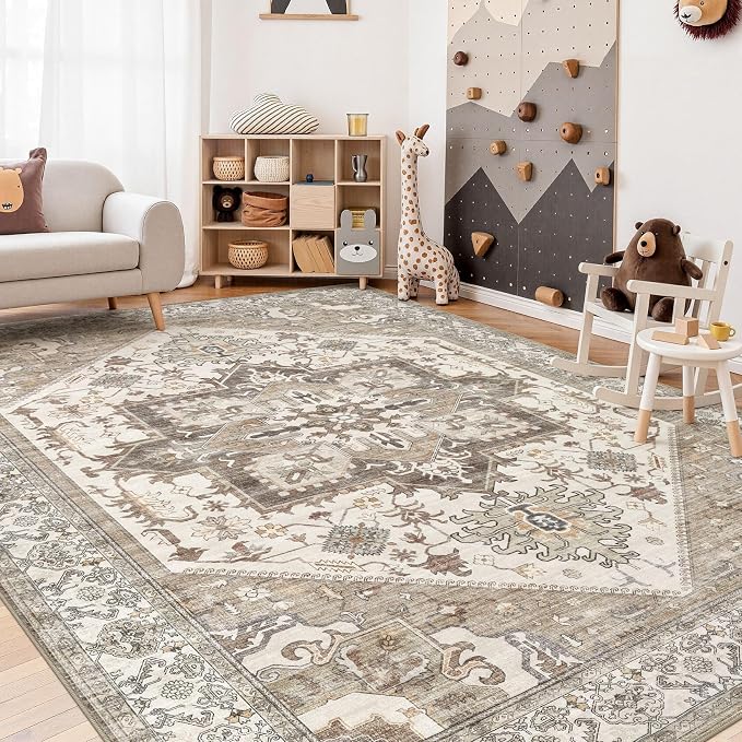 Area Rug for Living Room - 7x9 Washable Oriental Vintage Floral Large Soft Carpet - Fade Stain Resistant Non Slip Rugs for Bedroom Dining Room Nursery Dorm Office Home Decor - Beige Brown