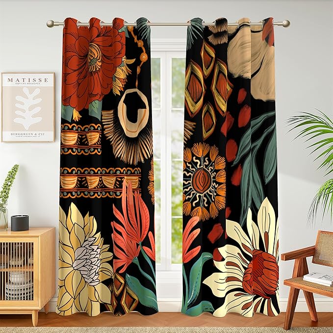 Tyrot 100% Blackout Black Boho Floral Curtains for Living Room 63 inch Long 2 Panels Mid Century Botanical Black Out Curtains for Bedroom Grommet Thermal Insulated Room Darkening Window Drapes,52Wx63L